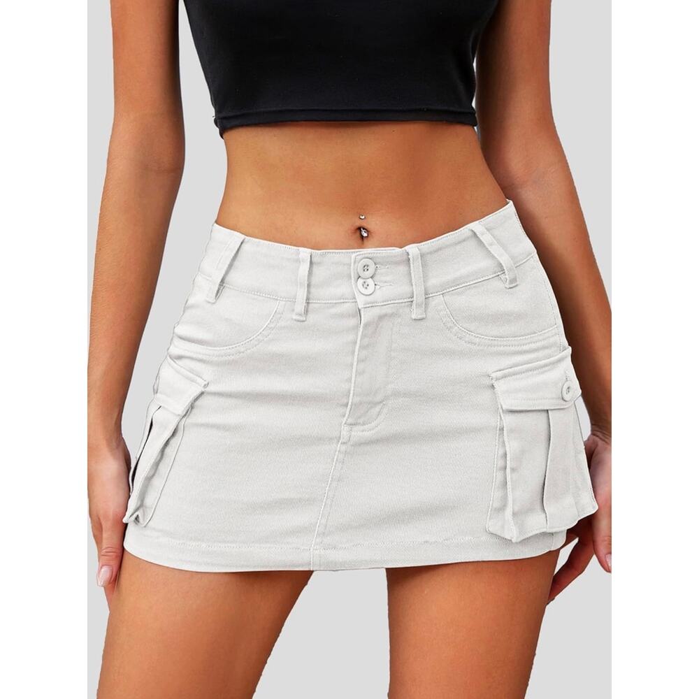 White Stretch Cargo Mini Skirt Size Small Y2K Festival Pockets Elleven NEW